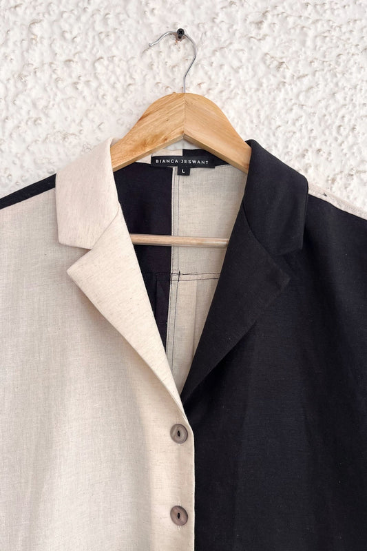 Black & Beige Color Block Button-Down Collared Shirt – Half Sleeve Casual Office Wear
