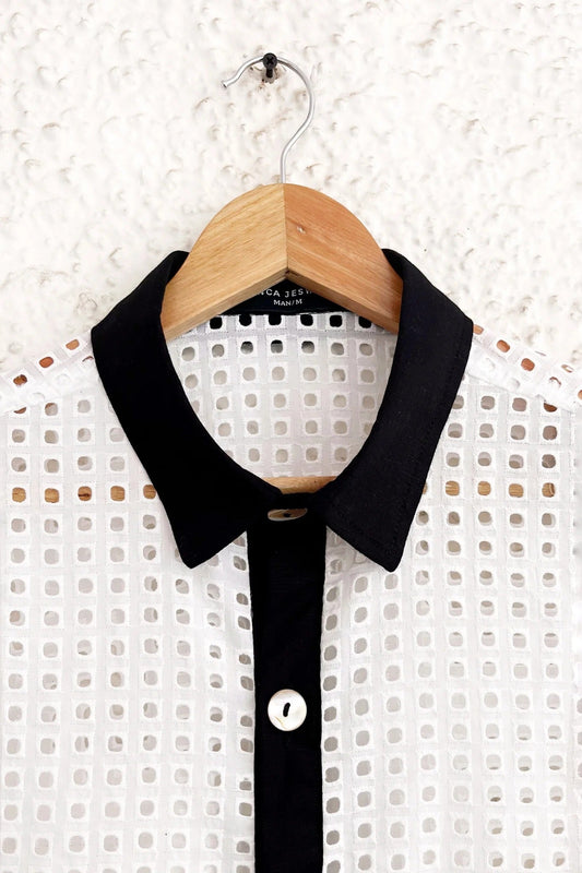 White Textured Button-Down Shirt – Half Sleeve Contrast Collar Casual Top