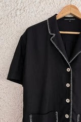 Black Contrast Stitch Button-Down Shirt – Half Sleeve Casual Pocket Top