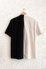 Black & Beige Color Block Zip-Up Shirt – Half Sleeve Abstract Circle Casual Top