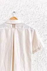 Beige Embroidered Stripe Button-Down Shirt – Half Sleeve Casual Collared Top