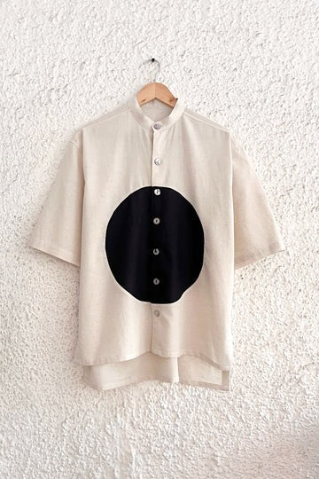 Beige Abstract Circle Print Mandarin Collar Shirt – Half Sleeve Casual Button-Down Top