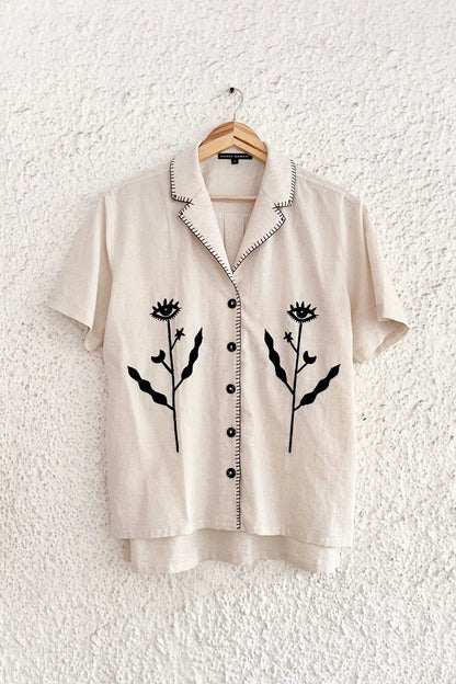 Women's Beige Embroidered Floral Button-Down Shirt – Half Sleeve Casual Collared Top