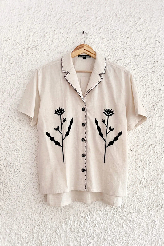 Women's Beige Embroidered Floral Button-Down Shirt – Half Sleeve Casual Collared Top