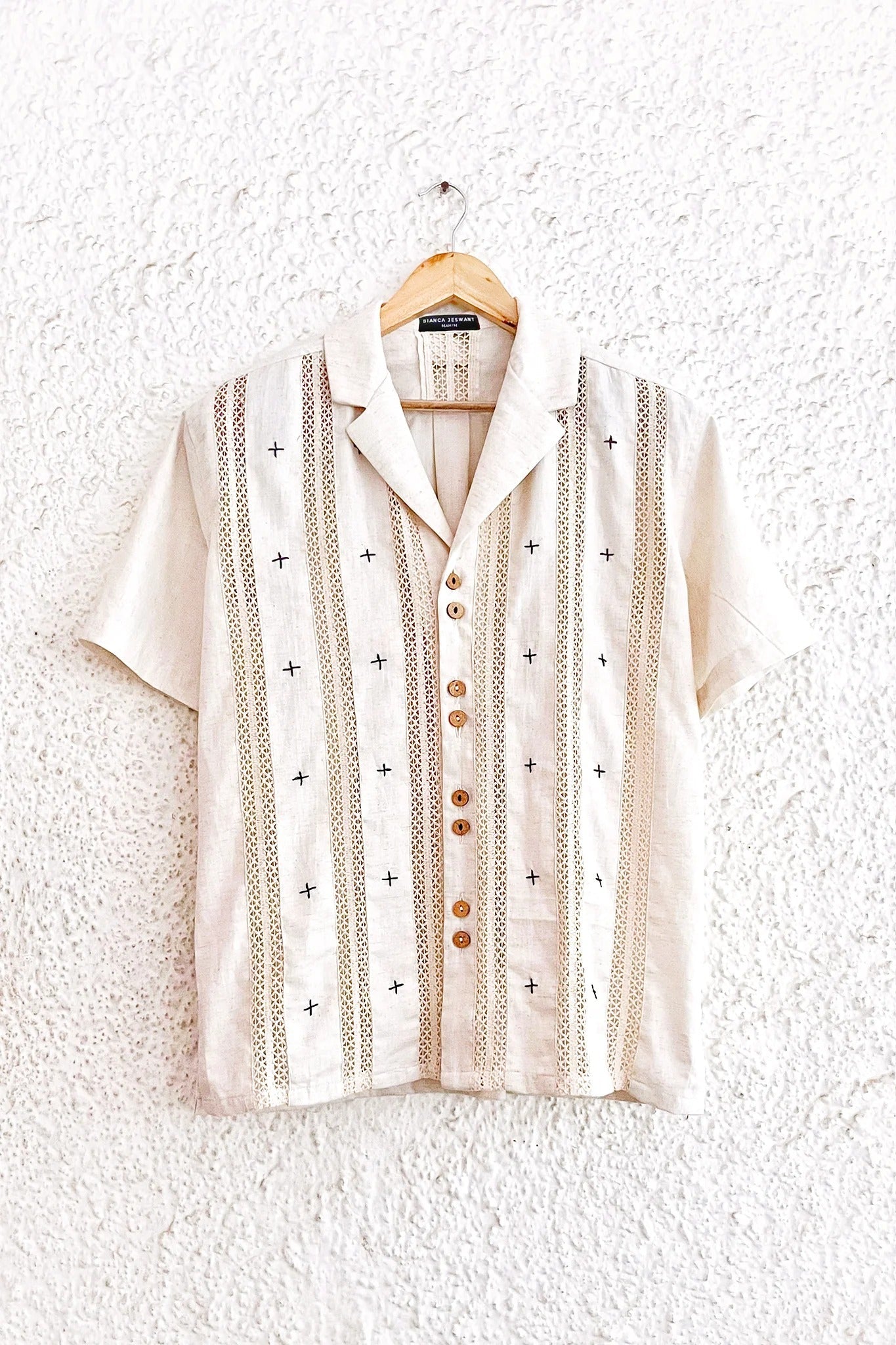 Beige Embroidered Stripe Button-Down Shirt – Half Sleeve Casual Collared Top
