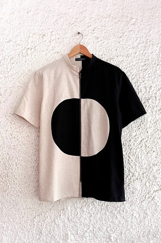 Black & Beige Color Block Zip-Up Shirt – Half Sleeve Abstract Circle Casual Top