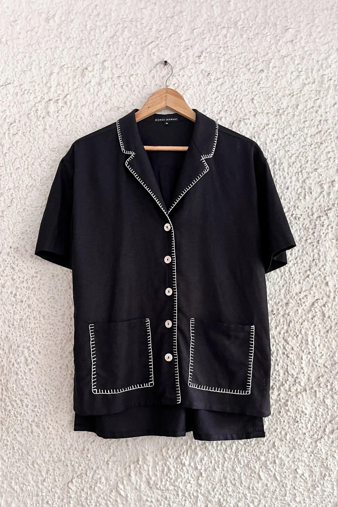 Black Contrast Stitch Button-Down Shirt – Half Sleeve Casual Pocket Top