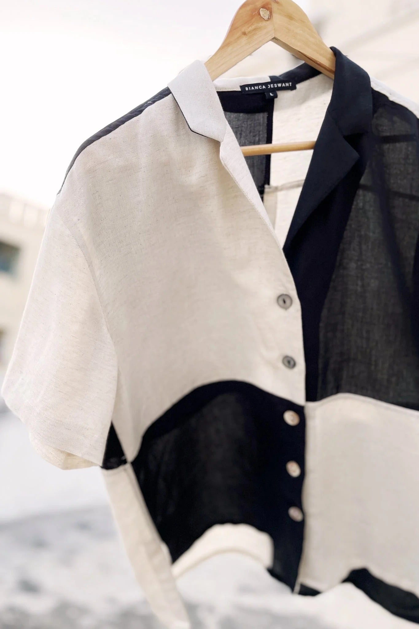 Black & Beige Color Block Button-Down Collared Shirt – Half Sleeve Casual Office Wear