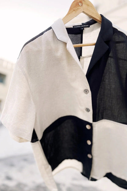 Black & Beige Color Block Button-Down Collared Shirt – Half Sleeve Casual Office Wear