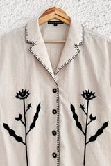 Women's Beige Embroidered Floral Button-Down Shirt – Half Sleeve Casual Collared Top