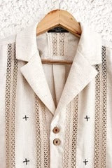 Beige Embroidered Stripe Button-Down Shirt – Half Sleeve Casual Collared Top