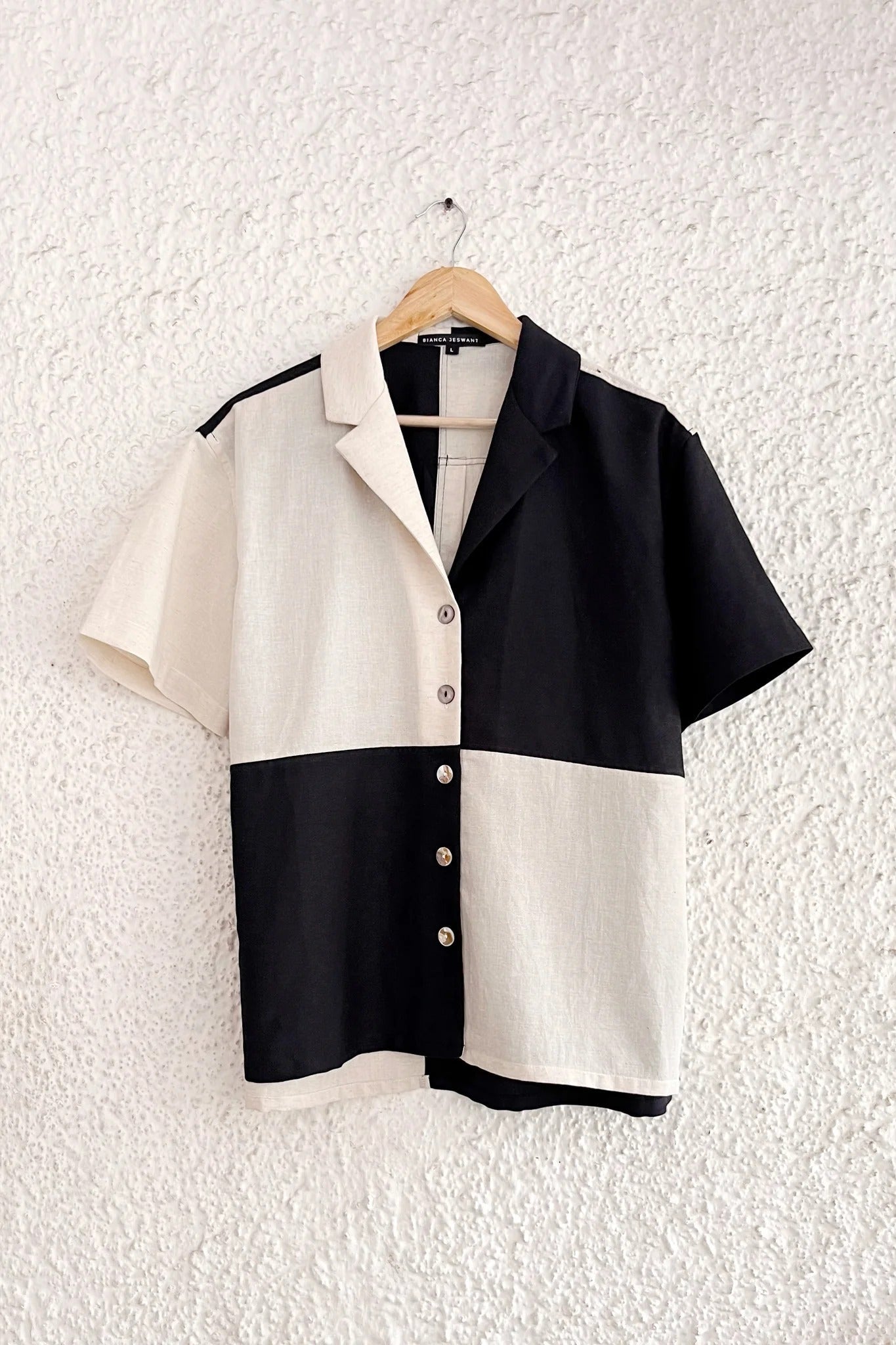 Black & Beige Color Block Button-Down Collared Shirt – Half Sleeve Casual Office Wear