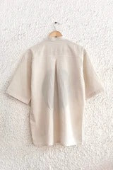 Beige Abstract Circle Print Mandarin Collar Shirt – Half Sleeve Casual Button-Down Top
