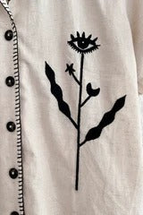Women's Beige Embroidered Floral Button-Down Shirt – Half Sleeve Casual Collared Top