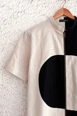 Black & Beige Color Block Zip-Up Shirt – Half Sleeve Abstract Circle Casual Top