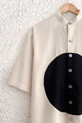 Beige Abstract Circle Print Mandarin Collar Shirt – Half Sleeve Casual Button-Down Top