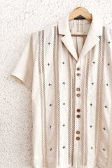 Beige Embroidered Stripe Button-Down Shirt – Half Sleeve Casual Collared Top