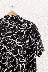 Black Floral Print Button-Down Shirt – Half Sleeve Casual Collared Top