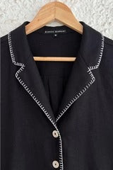 Black Contrast Stitch Button-Down Shirt – Half Sleeve Casual Pocket Top