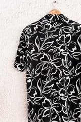 Black Floral Print Button-Down Shirt – Half Sleeve Casual Collared Top